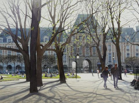 La Place des Vosges - Peinture - Thierry Duval