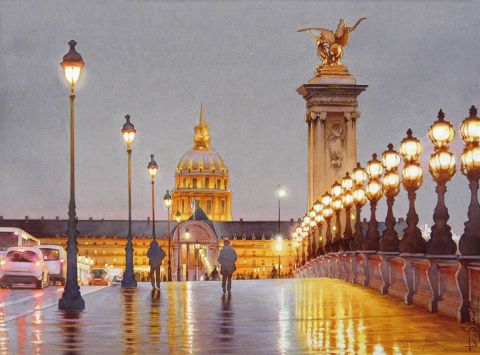 L'Esplanade des Invalides la nuit - Peinture - Thierry Duval