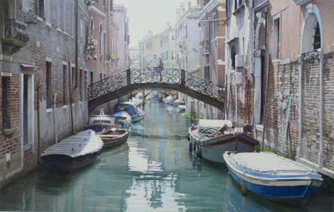Un pont pour un rendez-vous à Venise - Peinture - Thierry Duval