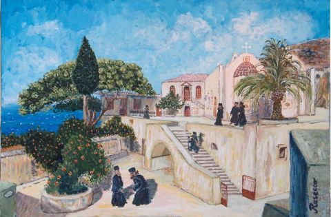 Sept Moines dans le Monastère de Preveli, Crete - Peinture - Rusecco