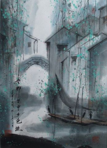 la p�che aux cormorans, Zhouzhuang - Peinture - ZHOU CONG