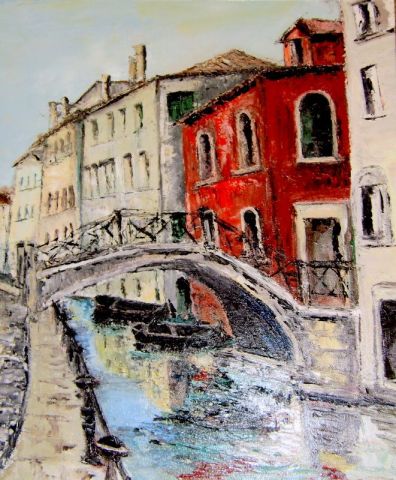 Pont à Venise devant la maison rouge - Peinture - MARIE-THERESE VION
