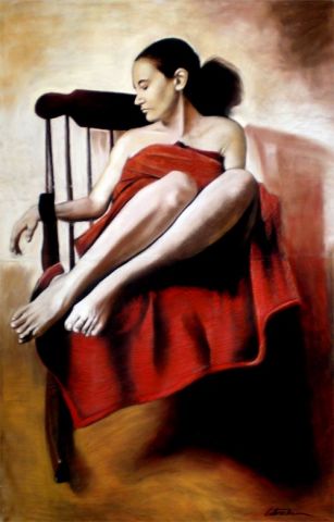 Femme � la  serviette rouge  - Peinture - Latrache