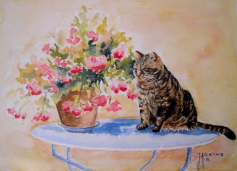le chat sur la table - Peinture - Agathe BONNET