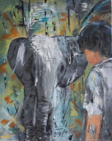 L'éléphant et l'enfant - Peinture - Rosiane Priam