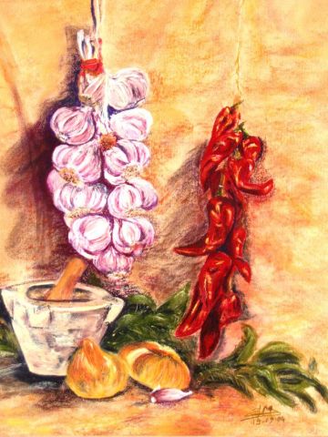 Chapelet d'ail et petits piments - Peinture - ghighi