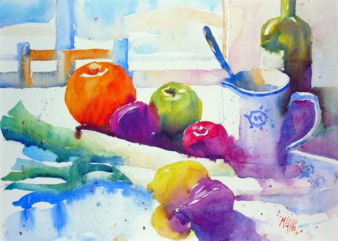 Nature morte aux poireaux et prunes - Peinture - Andre Mehu