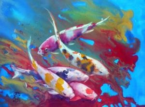 Peinture de Andre Mehu: Carpes koi dans les algues rouges