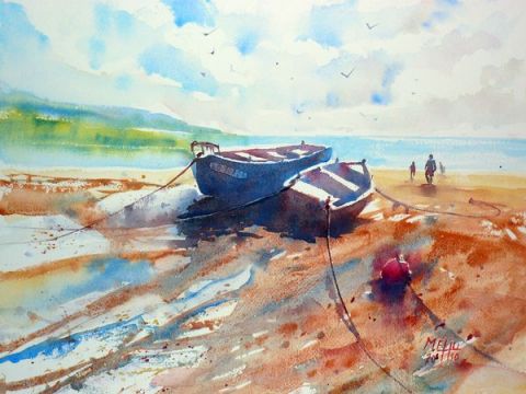 Barques à marée basse - Peinture - Andre Mehu