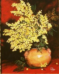 Peinture de cerchia: mimosa pot en terre