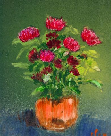 fleurs rouges dans un flacon orange - Peinture - Alex