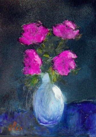 fleurs mauves , vase blanc - Peinture - Alex