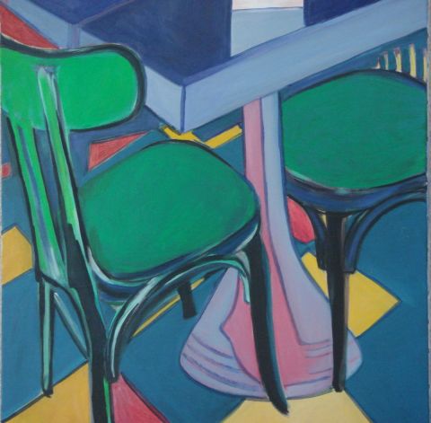 chaise et table sur damier - Peinture - Christiane Jousset