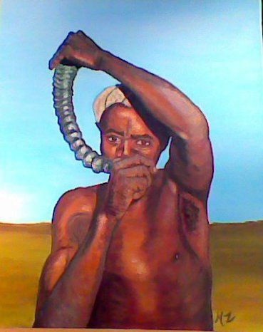 africain joueur de corne - Peinture - martine zendali