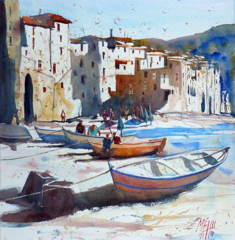 Sur la plage de Cefalù - Peinture - Andre Mehu