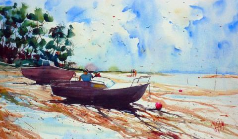 Barque sur l'estran au Bas Pouldu - Peinture - Andre Mehu