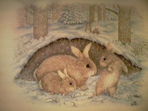 Voir cette oeuvre de douceurpastelle: la joie de lapins dans la neige