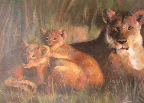 la lionne et ses 2 bébés - Peinture - Mario BAROCAS