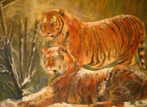 L'artiste Mario BAROCAS - tigre et tigresse dans la neige