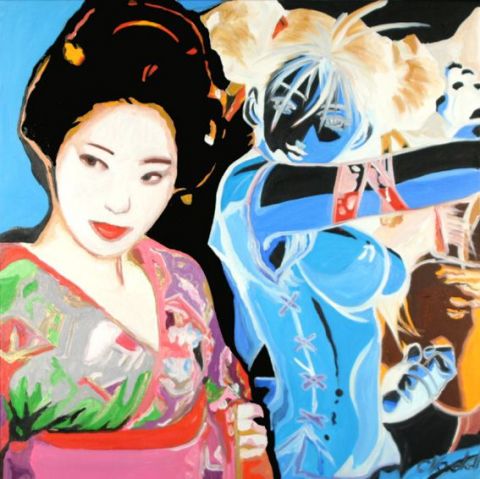 geisha manga bleu - Peinture - CLOTILDE NADEL