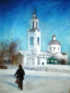 Peinture de Laurence Guillon: L'église de Krasnoïé en hiver