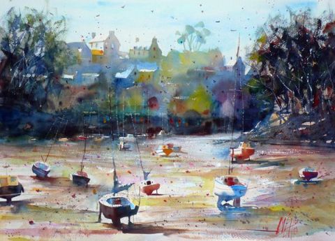 Bateaux à marée basse à Doëlan - Peinture - Andre Mehu
