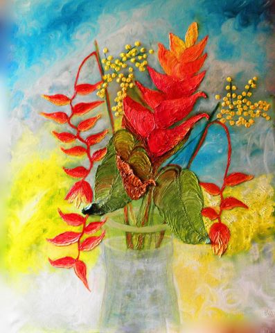 PEINTURE  de FLEURS ...  Rencontre du Balisier et du Mimosa ... - Peinture - monemaier