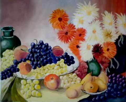 Nature morte fruits et fleurs - Peinture - Maryaude