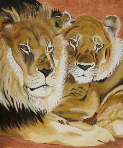 couple de lion - Peinture - josiane