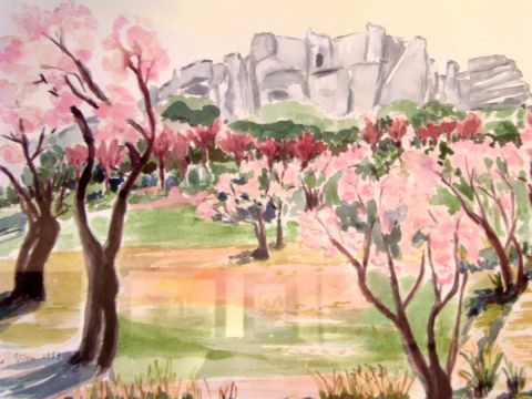 Amandiers en fleurs devant les Baux de Provence - Peinture - MARIE-THERESE VION