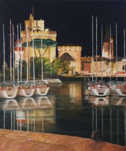 Voir cette oeuvre de Frank GODILLE: Balade le soir sur le port