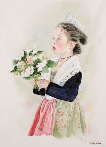 Petite arlésienne au bouquet - Peinture - Guy LE COZ