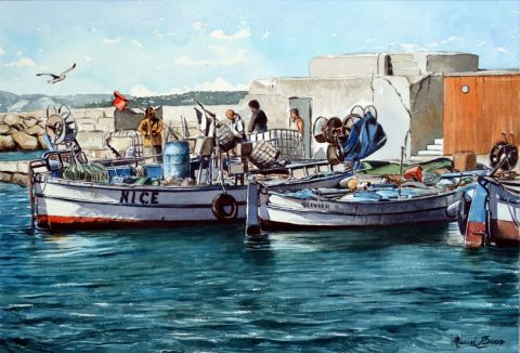 L'artiste Marcel BOOS - Pointus dans le Port du Cros de Cagnes