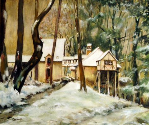 Le Moulin Minette sous la neige . - Peinture - alain deschamps
