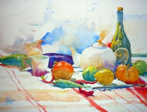 Peinture de Andre Mehu: Poivrons rouges,fruits et théière