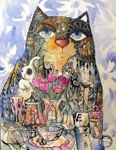 Chat et nature morte - Peinture - OXANA ZAIKA