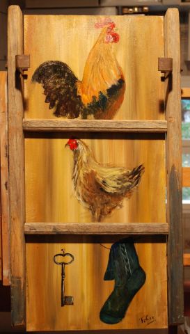 POULES SUR L'ECHELLE - Peinture - Felix
