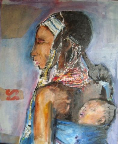 afrique, femme et son bébé - Peinture - isabelle petit