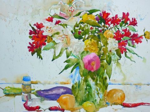 Lys et piments rouges - Peinture - Andre Mehu