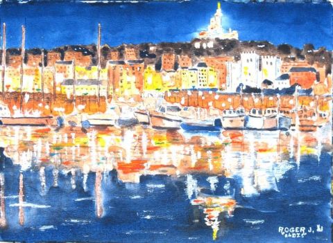 L'artiste ROGER J - Nocturne au Vieux Port de Marseille 