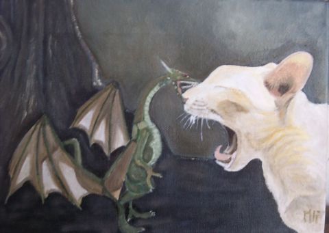 chat curieux et dragon furieux - Peinture - DANIELE MORGANTI