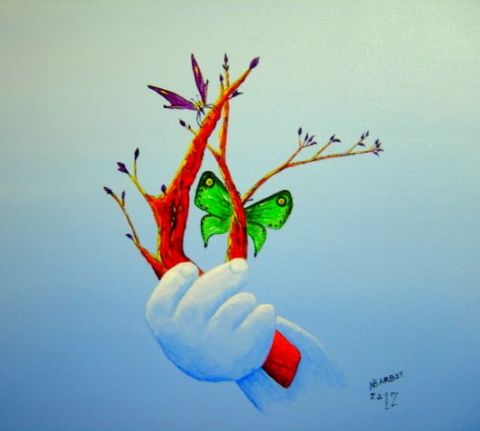 Enfant et papillon vert - Peinture - Noel Barbot