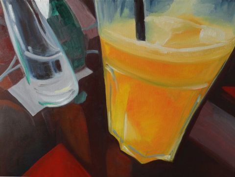 L'artiste Christiane Jousset - jus d'orange sur table de bistrot