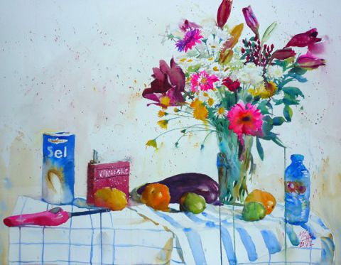 L'artiste Andre Mehu - Bouquet aux pissenlits et marguerites