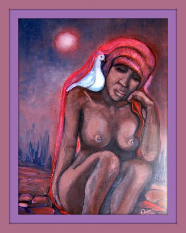 Femme noire à la colombe blanche - Peinture - Momaur