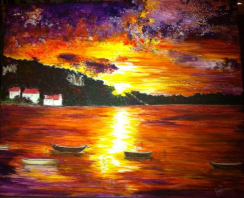 coucher de soleil sur l'étang de Gruissan - Peinture - Catherine James