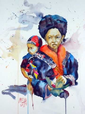 Femme Yao et son enfant - Peinture - Andre Mehu
