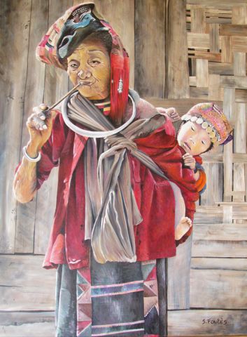 La vieille femme Akha (LAOS) - Peinture - Sandy