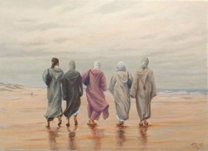 Peinture de Till Dehrmann: Femmes marocaines en promenade à la plage