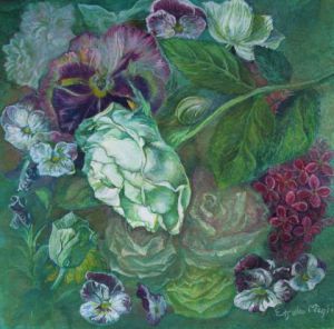 Voir cette oeuvre de Etsuko Migii: Roses blanches, violettes, pensée, fleurs en rêve